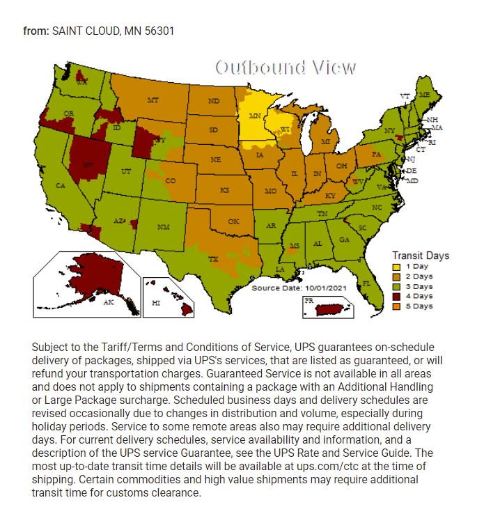 gorilla wall brace shipping time map of United States showing the shipping times for UPS from Saint Cloud, MN for Gorilla Wall Brace orders